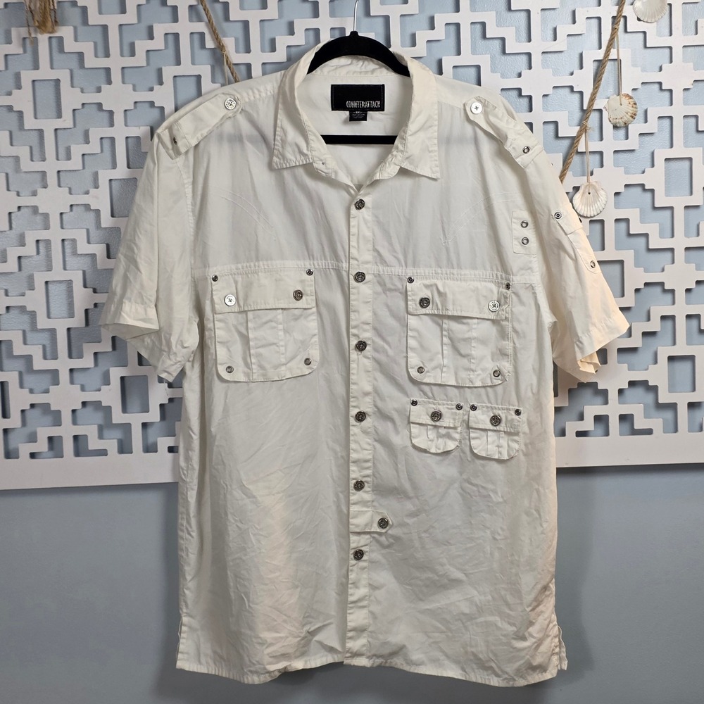 Counterattack Mens 3XL White Cotton Utility Shirt Short Sleeve Multi Pocket